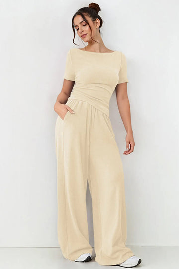 KATCH ME Basic Solid Color Scoop Neck Short Sleeve Slim Top & Wide Leg Pocket Trousers Co-ord  27.99